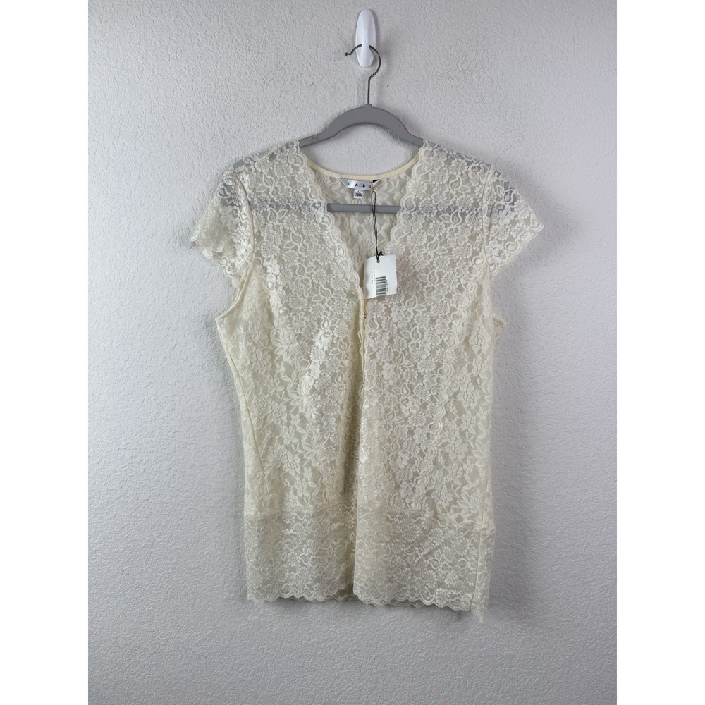 CAbi Lace Top Tunic Stretch Women's L Ivory Sheer Cap Sleeve Y2K Romantic NWT - Picture 3 of 8